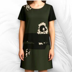 Simple Vera Wang Black & Olive Green Floral Print Shift Dress Size XL